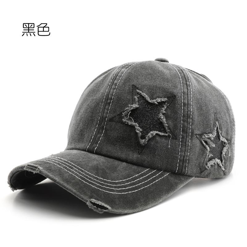 Vintage Star Embroidery Baseball Cap Adjustable Outdoor Snapback Hat Washed Cotton Hollow Out Tail High Ponytail Hip Hop Hats