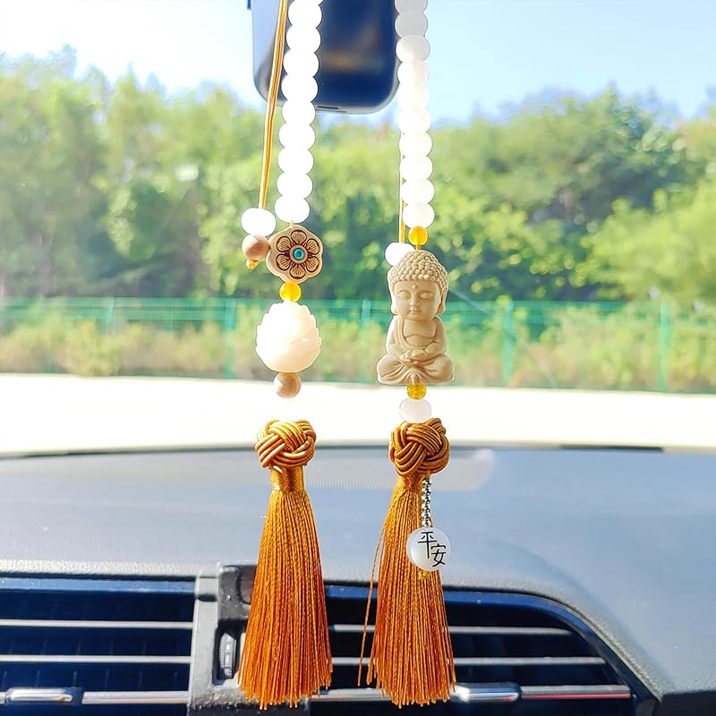 Buddha Rear View Mirror Accessories Hanging Charms, Tassels Car Hanging Ornament, Cute Car Accessories for Women/Men, Fo Bao Ping an