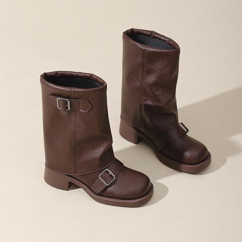 

Ботильоны средней длины с широким голенищем, круглым носком и толстым каблуком, женские осенне-зимние новые ретро ботинки в западном стиле с пряжкой-ремнем, плиссированные кожаные ботинки, женские рыцарские б 43