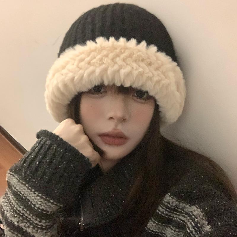 Plush knitted wool hat women's autumn and winter warm versatile cute face small new basin hat winter
