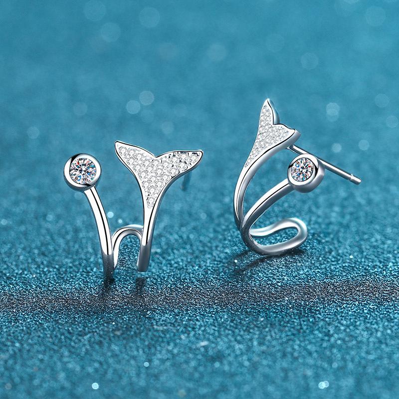 S925 Sterling Silver Earrings Female Plated Pt950 Little Mermaid Tail Micro -Mosaic Mossan Stone Earrings Earrings