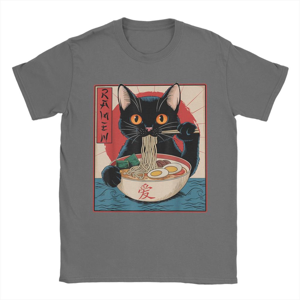 Men Japanese Black Cat Ramen T Shirt Kawaii Noodle Cat Cotton Clothes Humor Short Sleeve Round Collar Tees Gift Idea T-Shirt