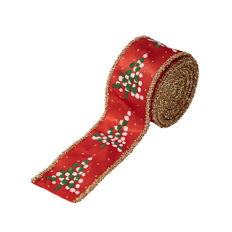 1PC Small Tree Pattern Festive Ribbon Embroidered Christmas Satin Ribbon 5mx5cm