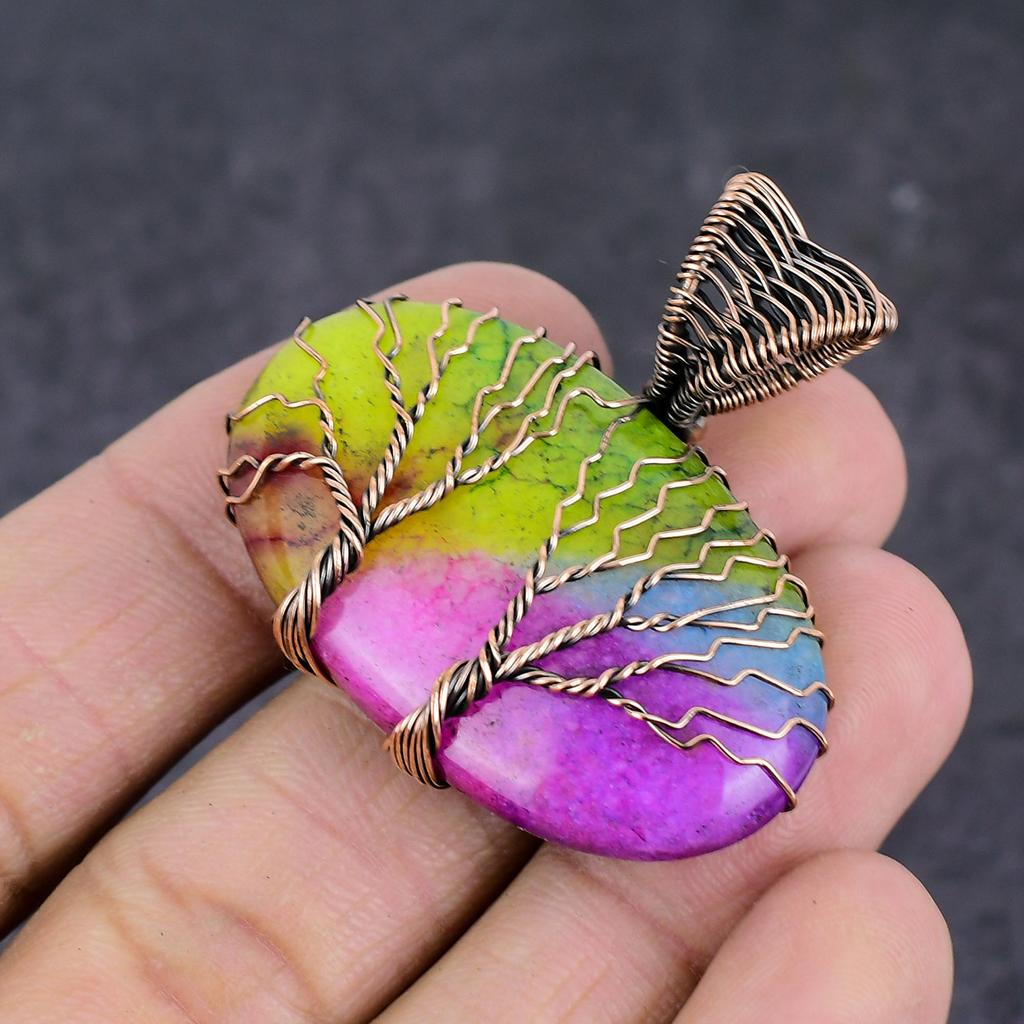 Quartz Solaire Arc-en-Ciel Naturel Fil de Cuivre Enroulé Pendentif Arbre de Vie 1,65" m3w08
