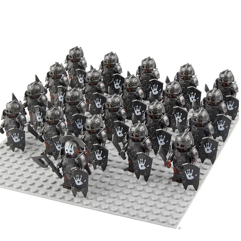 21Pcs/lot Dane Iron Feet Eomer Rohan Warriorr Vs Uruk Hai Army Figrues With Shield Sword Bow Spear Building Blocks Toys for Kids