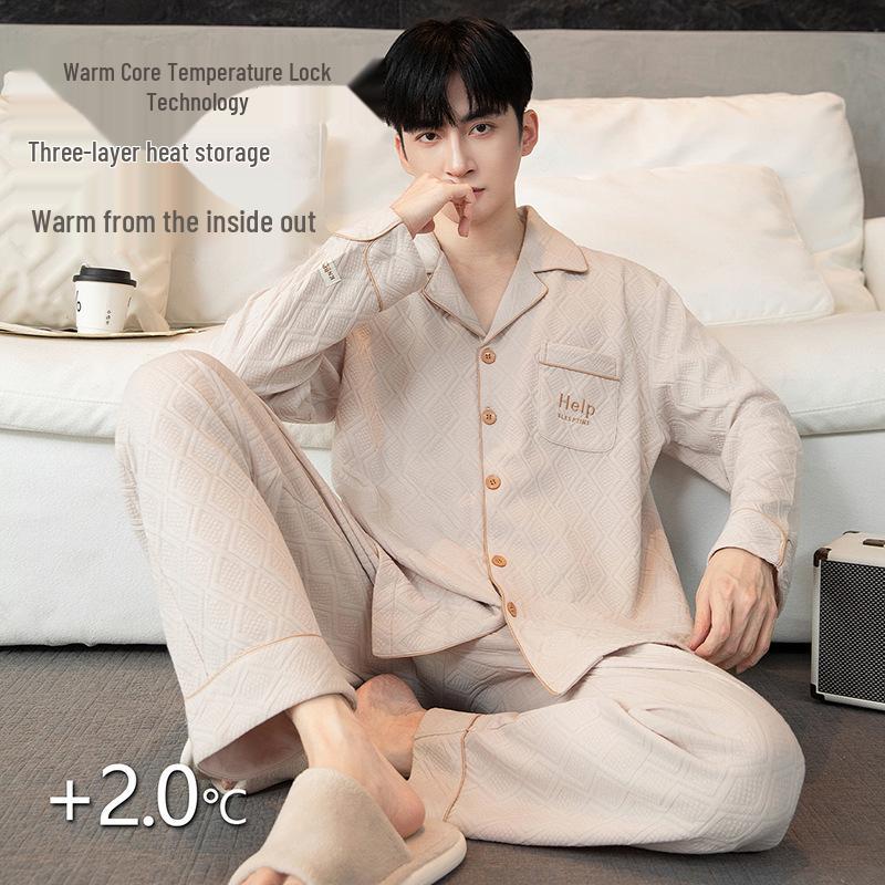 

Мужская пижама-кардиган из чистого хлопка - Воздушная, утолщенная зимняя домашняя одежда, можно носить на улице 3XL