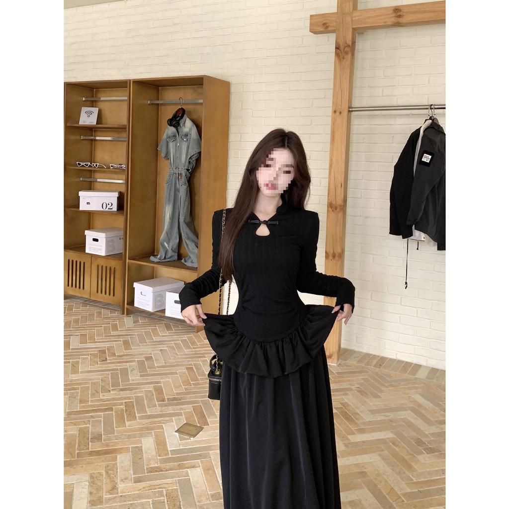 Black new Chinese cheongsam long-sleeved dress women's early autumn high-end temperament waist birthday dress long skirt