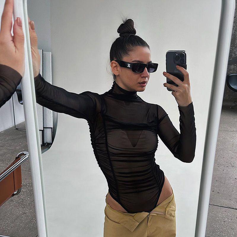 Women's Mesh See-Through Long-Sleeved Bodysuit - Chic High-Waisted Slim Fit Top