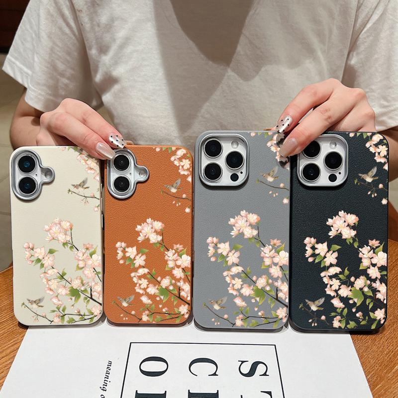 Cherry Blossom Pattern Leather Texture Slim Case for iPhone 16 Pro Max 15 Pro 14 Plus 13 12 11 Tpu Soft Shockproof Matte Solid Color Phone Cover