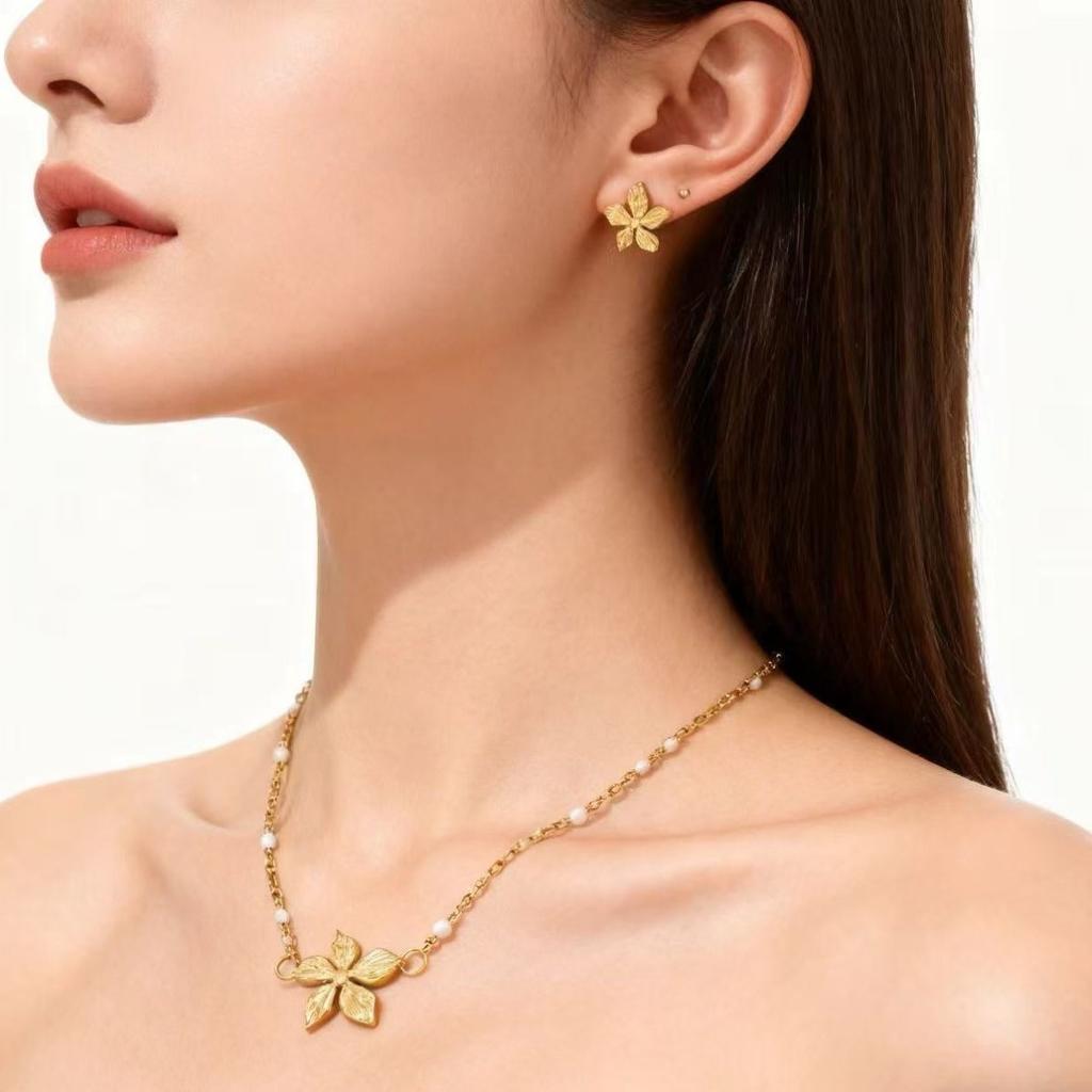 Floral Earring Necklace Set Vintage Stainless Steel Petal Jewelry Sets INS Style for Women