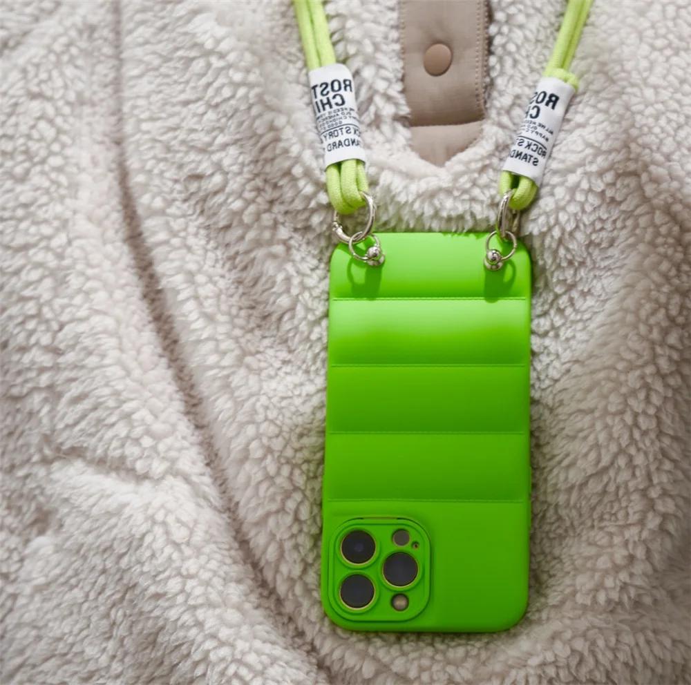 Crossbody Necklace Strap Lanyard Down Jacket Silicone Soft Phone Case For 15 14 13 Pro Max 12 11 XS XR Puffer Case