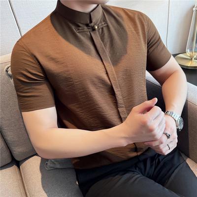 Men's Casual Shirt Chinese Style Stand Collar Slim Fit Shirts For Men Fashion Summer Thin Short Sleeve Blouse Homme