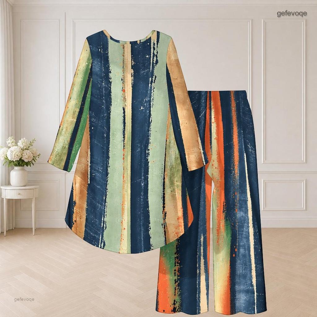 Plus Size Women Abstract Printed Two Piece Set Round Neck Long Sleeve High Low Top Wide Leg Pants