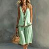 Women 2 Piece Outfit Sleeveless V Neck Button Vest & Capri Culottes Set Summer Holiday Casual Linen Look Suit