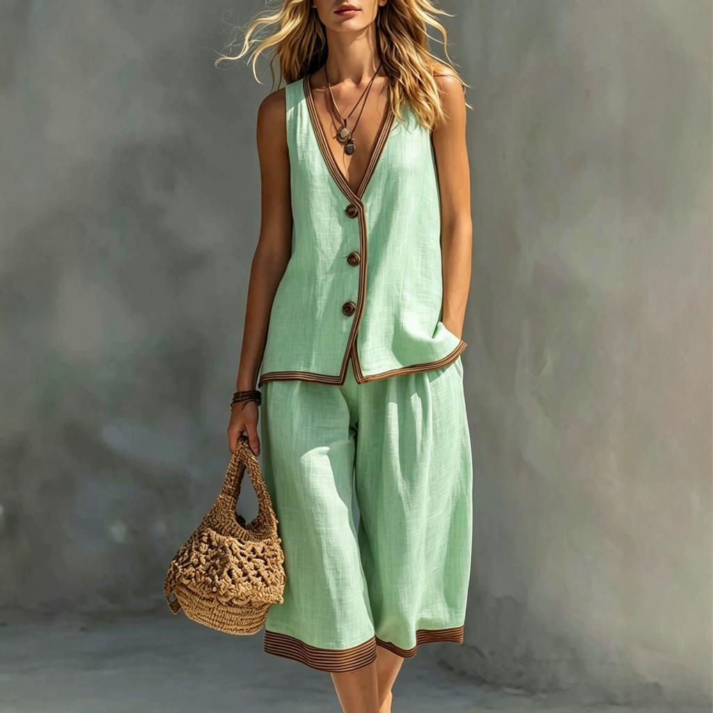 Women 2 Piece Outfit Sleeveless V Neck Button Vest & Capri Culottes Set Summer Holiday Casual Linen Look Suit