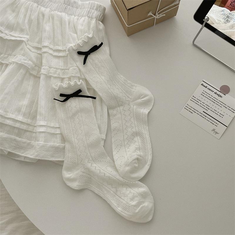 Sweet And Versatile Summer New High-Elastic Cotton Fungus Edge Love Hollow Macaron Bow Thin Socks
