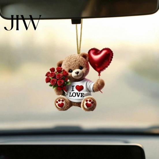 Klar Bedruckter Acryl-Anhänger Teddybär Hängendes Ornament, Hält Herz Ballon Rotes Rosenstrauß Dekoration, Kleines Romantisches Andenken Auto