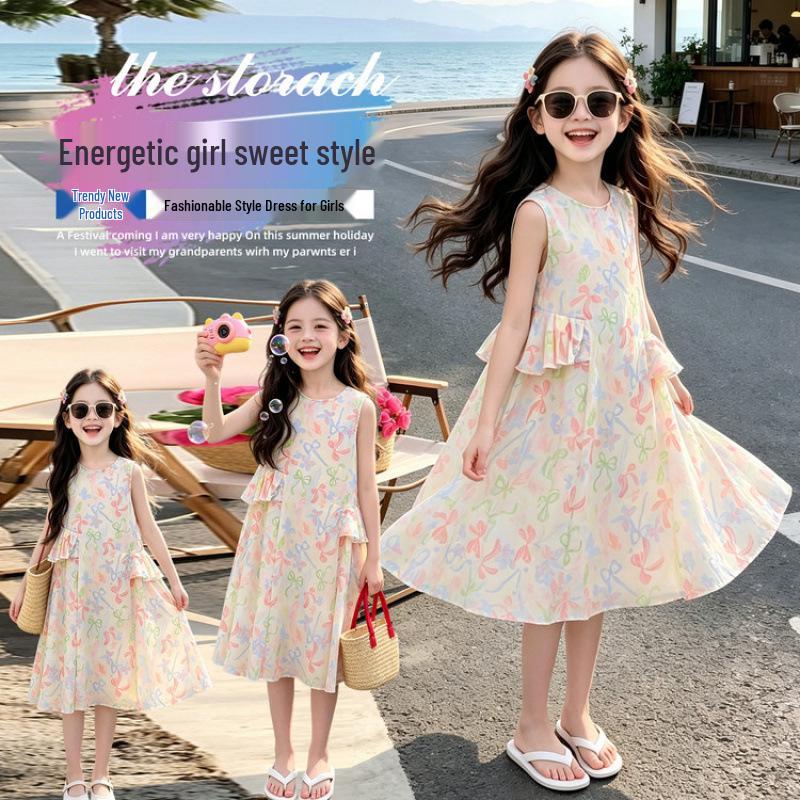 Girls' Stylish Sleeveless Princess Dress with Mesh Bow for Summer 2026