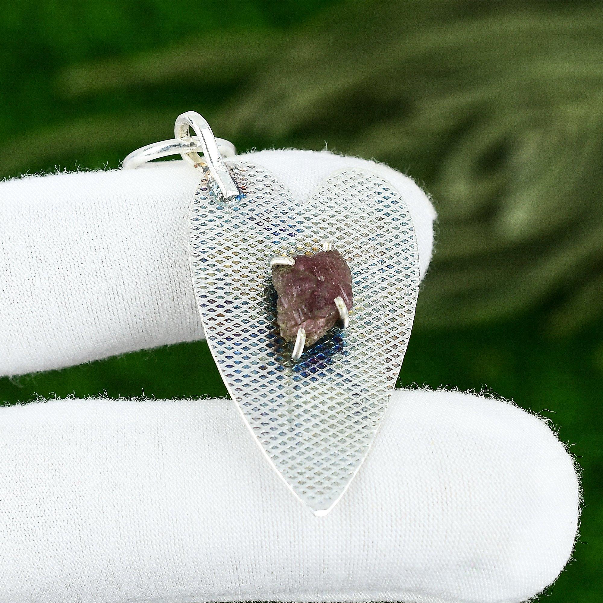 

925 Sterling Silver Pentagon Pink Tourmaline Rough Stone Bezel Birthday Pendant