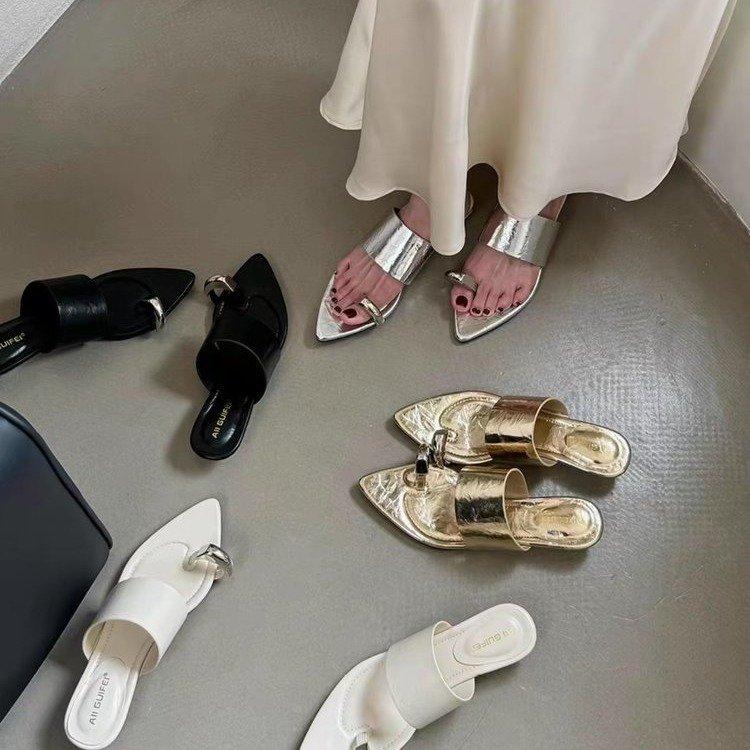 French Metal Buckle Silver Casual Toe Slippers Slope Heel Flat Sandals Women's 2025 Spring and Summer New Cool Slippers