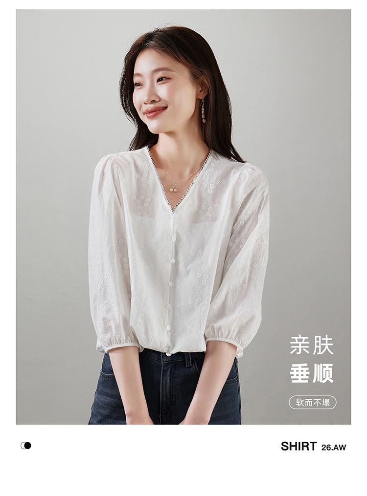 French Pure Cotton Embroidered Shirt for Women's 2026 Spring Commuting Versatile V-neck Seven Quarter Sleeve Niche Top