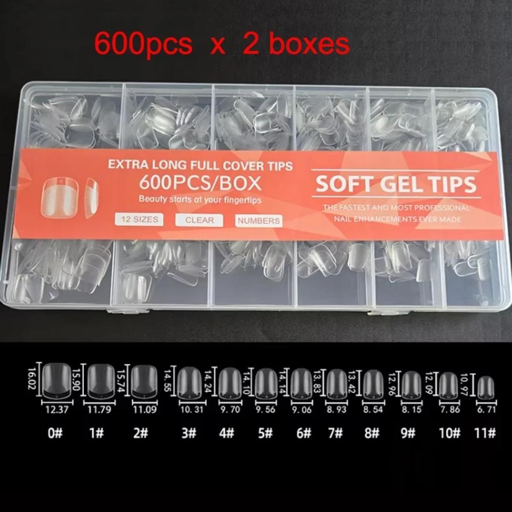 600 mjuka gel-lösnaglar, korta fyrkantiga, kistaformade, mandelformade, lösnaglar i ark-stil