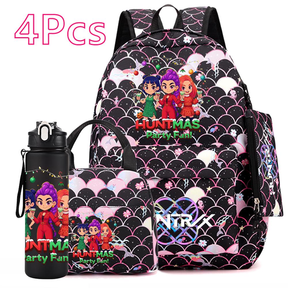 4Pcs/set Christmas Kpop Printed Backpack with Handbag Pencil Case 750Ml Water Bottler for Teenager Boy Girl Large Capacity Bookbag Schoolbag Kid Gift