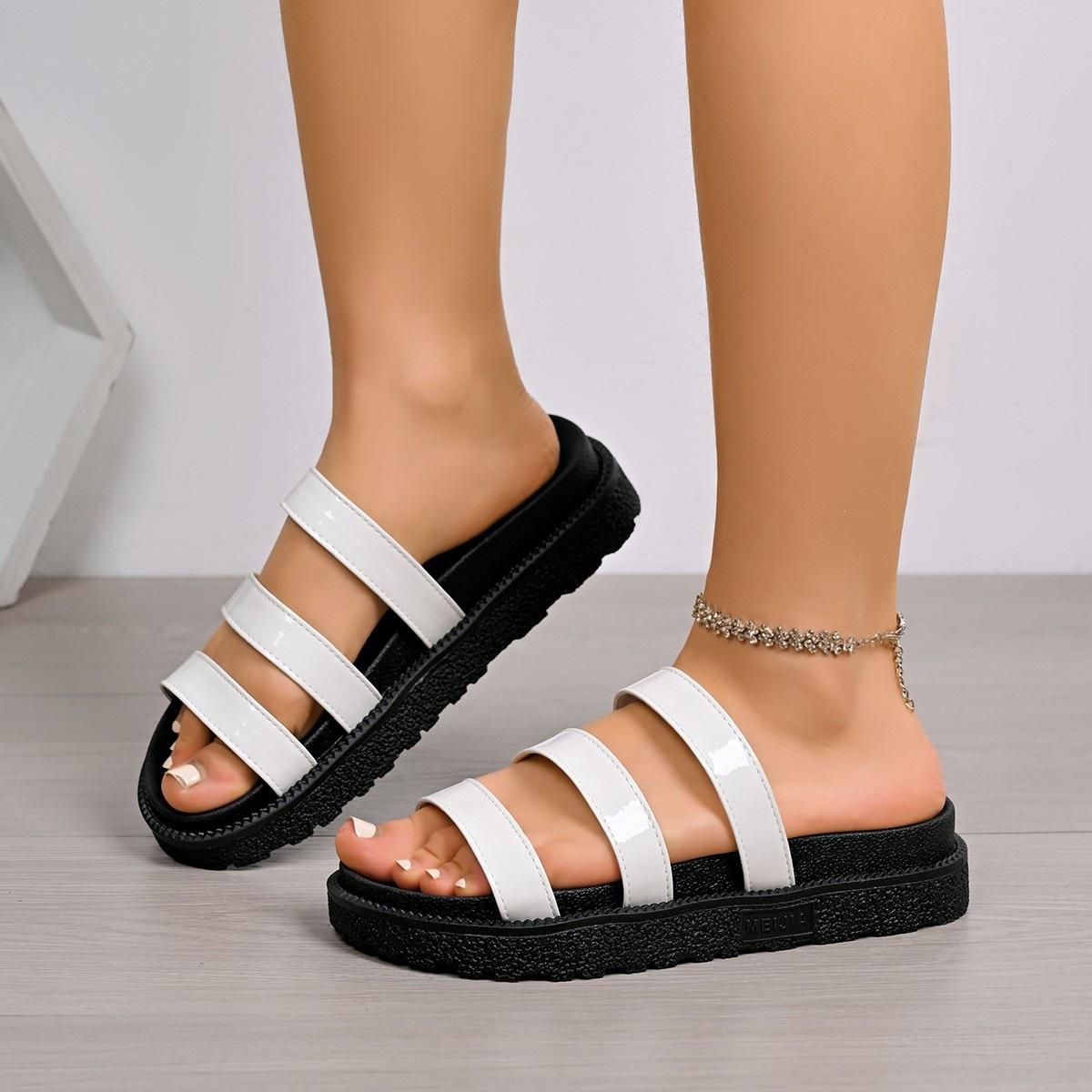 Women s Black Platform Sandals: Summer Outwear, Thick Sole, Three Shiny Straps, Comfortable Height-Boosting, Non-Slip Design. 38