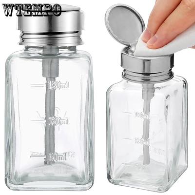 2pcs 80 Ml Clear Pump Dispenser Bottle with Metal Flip Cover Glass Nail Polish Remover Push Down Dispenser Bottle Refillable Push Down