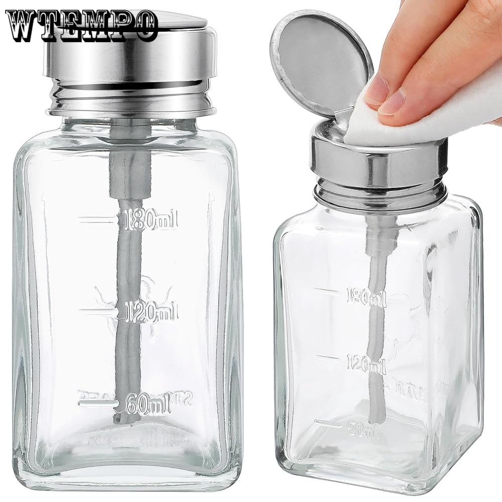 2pcs 80 Ml Clear Pump Dispenser Bottle with Metal Flip Cover Glass Nail Polish Remover Push Down Dispenser Bottle Refillable Push Down