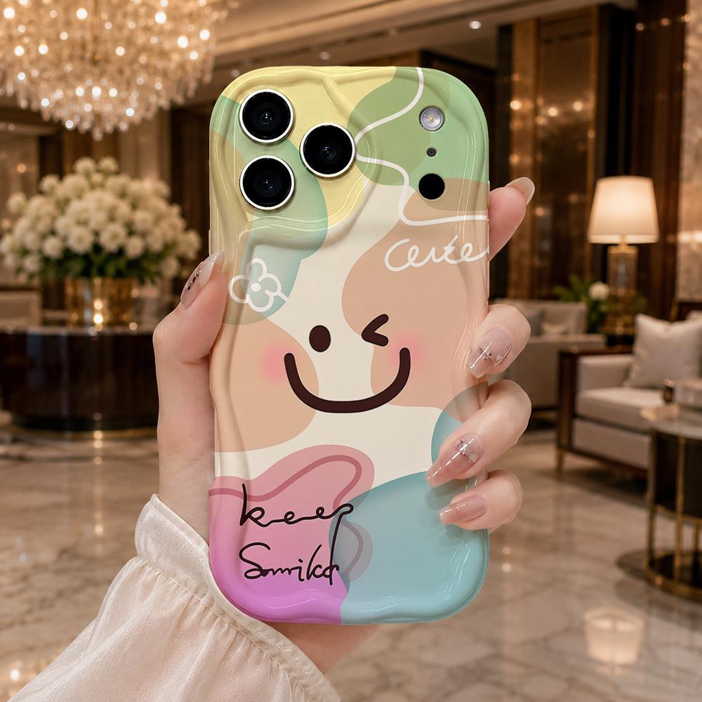Keep Smiled Wink Heart Pastel Color Block Wavy Edge Phone Case For iPhone 17 16 15 14 13 12 11 8 7 Plus Pro Max Cute Cover