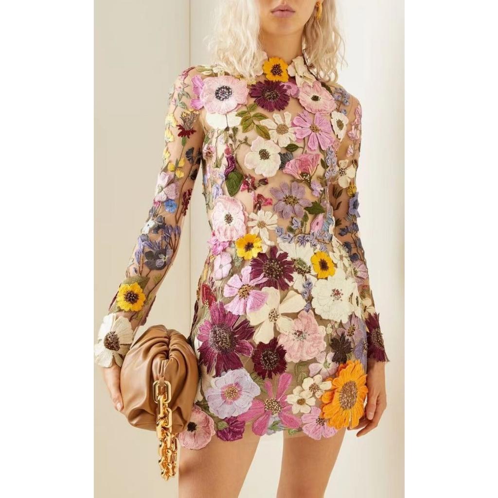Spring Summer Women's European American Style 3D Flower Fashion Short Sexy Bodycon Mini Dress