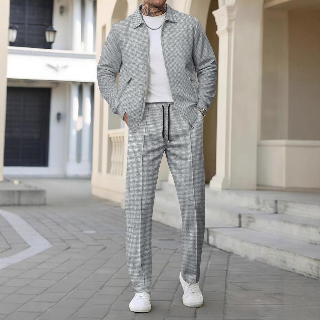 Cardigan Slim cu Rever și Buzunare cu Fermoar pentru Bărbați, Toamnă, Tineresc, Jachetă pentru Bărbați, Costum din Două Piese