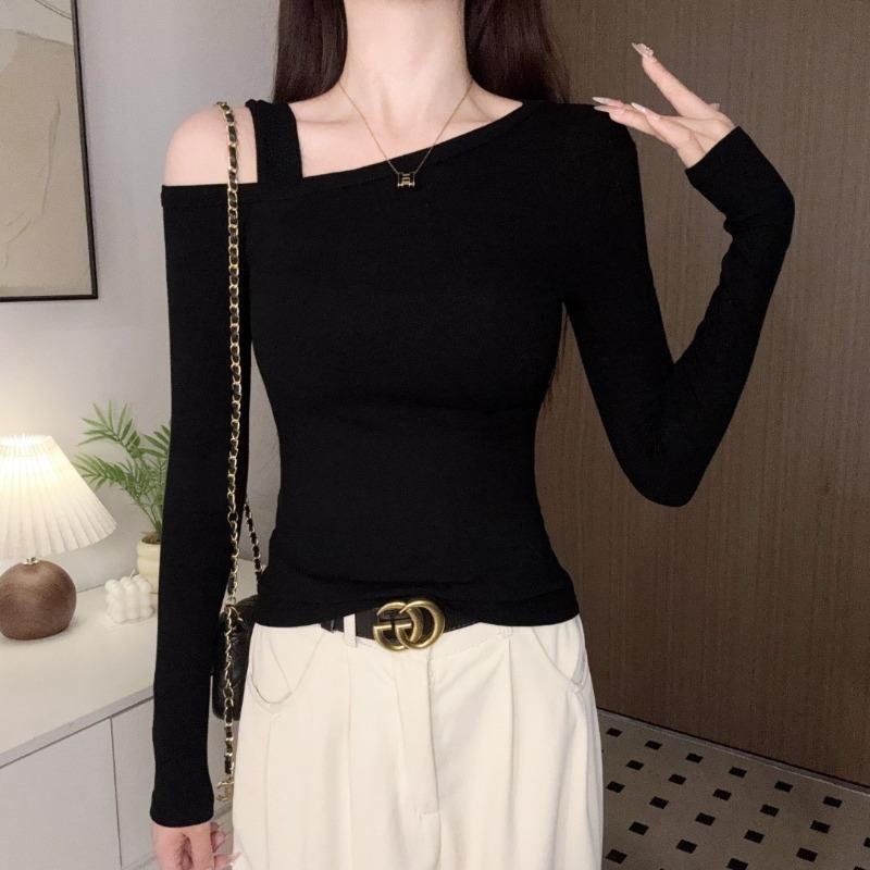 Spring Autumn One World Collar Sexy Off the Shoulder Tee Women Long Sleeve Casual All-match Pullover T-shirt Top