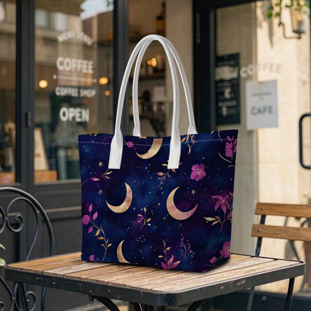 Moon Purple Flower Tote Bag Casual Large Capacity Fashion Women Shopping Shoulder Bag