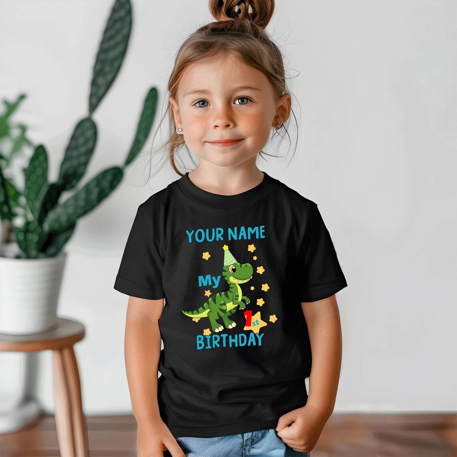 Dinosaur Personalised T-Shirt Crew Neck Printed Age Dino Birthday Gift Kids Top 2XL