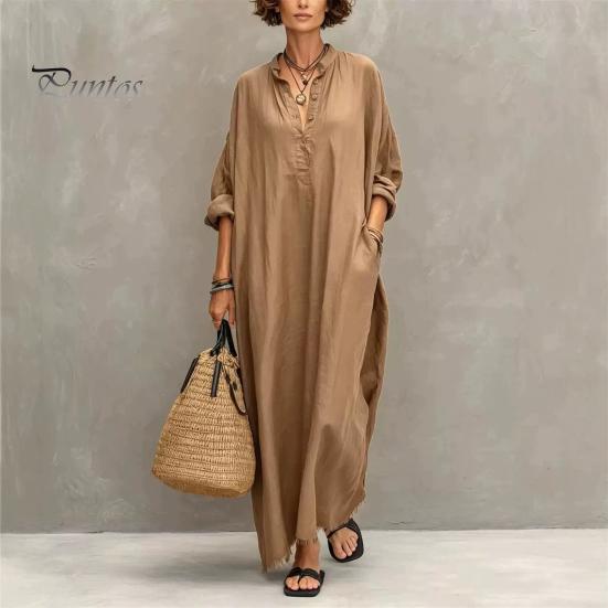 Casual Dress Summer Maxi for Women, V-Neck Oversized Boho Long Elegant Dress, Sleeve Button Up Vacation Sundress with Pockets Soft Fabric