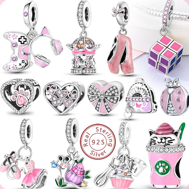 Neu eingetroffen 925 Silber Charms Perlen Liebesherz Rosa Charm-Perlen Anhänger Passend für Armbänder DIY Schmuck Frauengeschenk