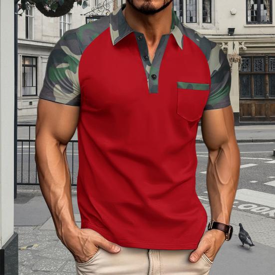 Men Summer Tops Lapel Short Sleeve Camouflage Patchwork Color Tee Shirt with Front Pocket Outdoor T-shirt