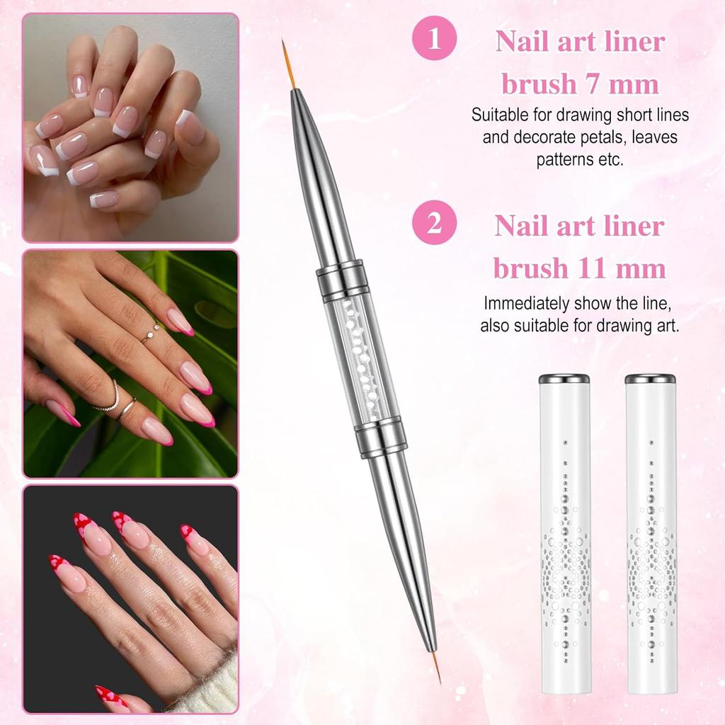 3 Stück Doppelseitige Aufbaugelpinsel, Hartgel-Nagelpinsel mit Strassgriff, French Tip Liner Kunstpinsel, Pinsel für French Manicure für Profis