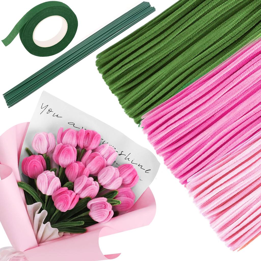 321 Pieces Red Green Pipe Cleaners Craft Flower Making Kit, Chenille Stemswith Floral Wires, Floral Tape for Bouquet DIY Art