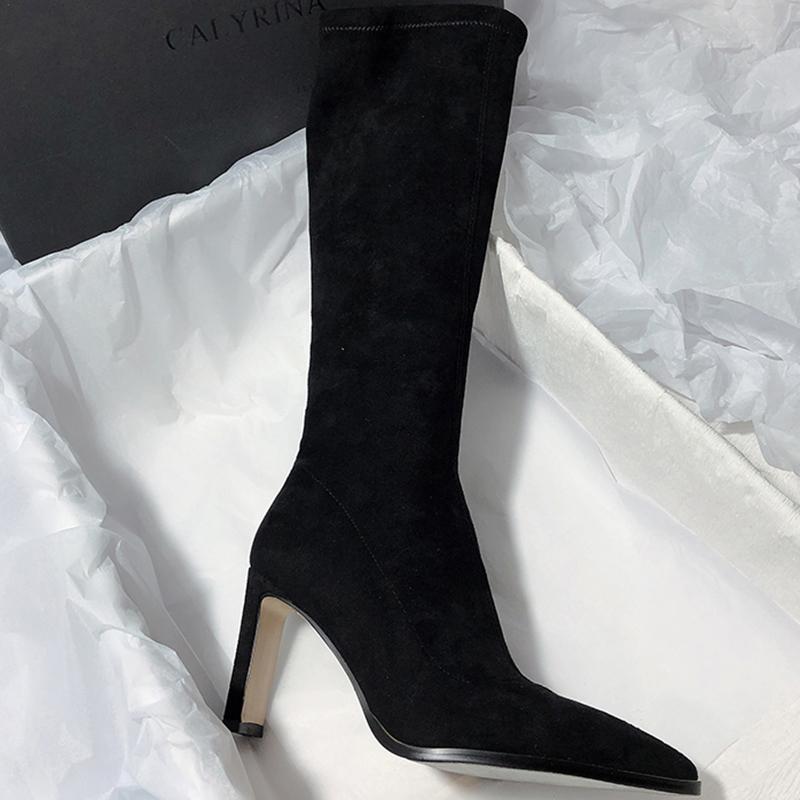 Fashion Vintage Pointed Toe Elastic Slim Women Knee High Boots Designer Square High Heels Zipper Long Botines De Mujer