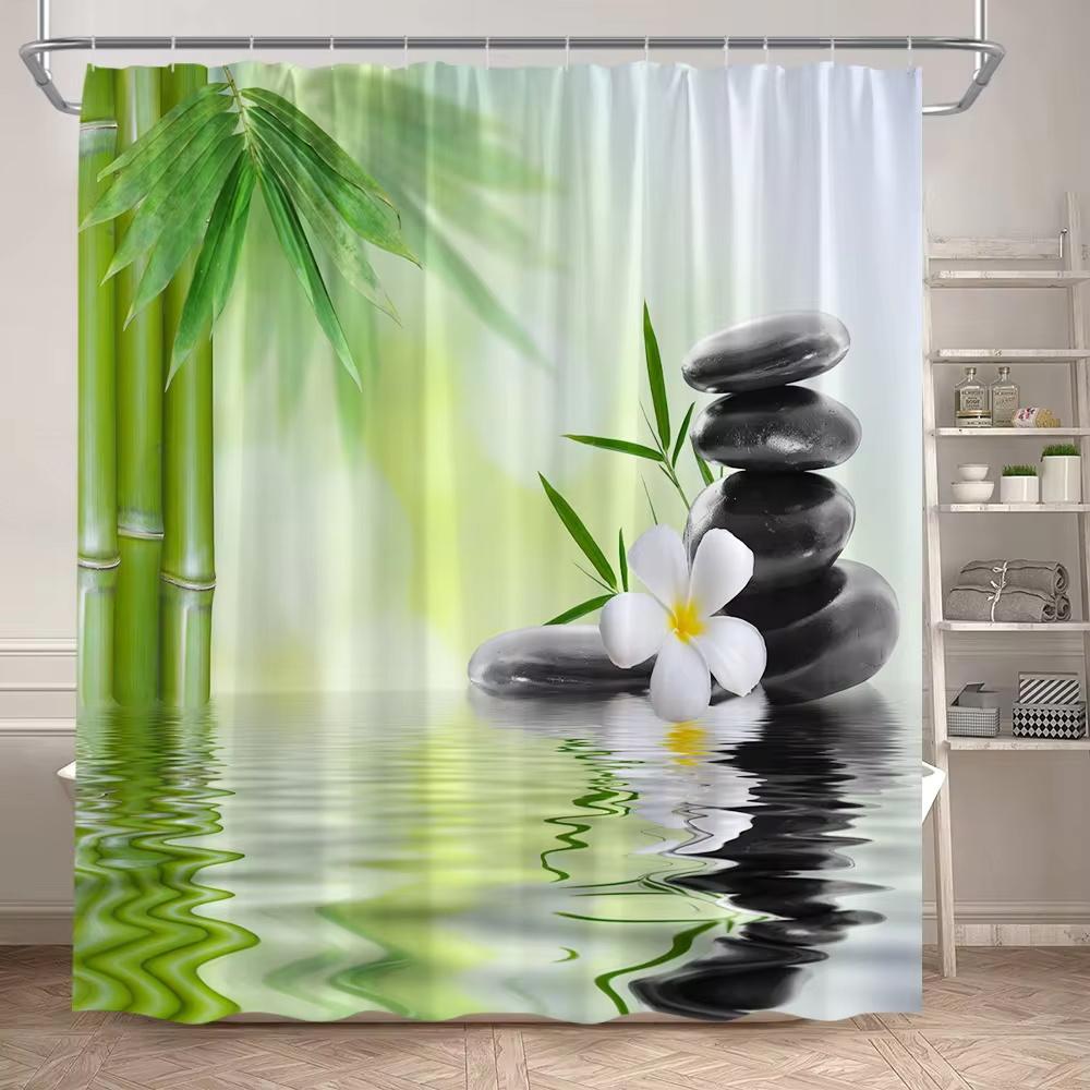 Zen Shower Curtain Natural Flowers Butterfly Grey Stone Reflection Spa Scenery Home Bathroom Decor Polyester Fabric Bath Curtain