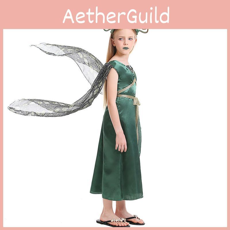 Girls Little Childs Medusa Halloween Fancy Dress Costume Green Headgear With