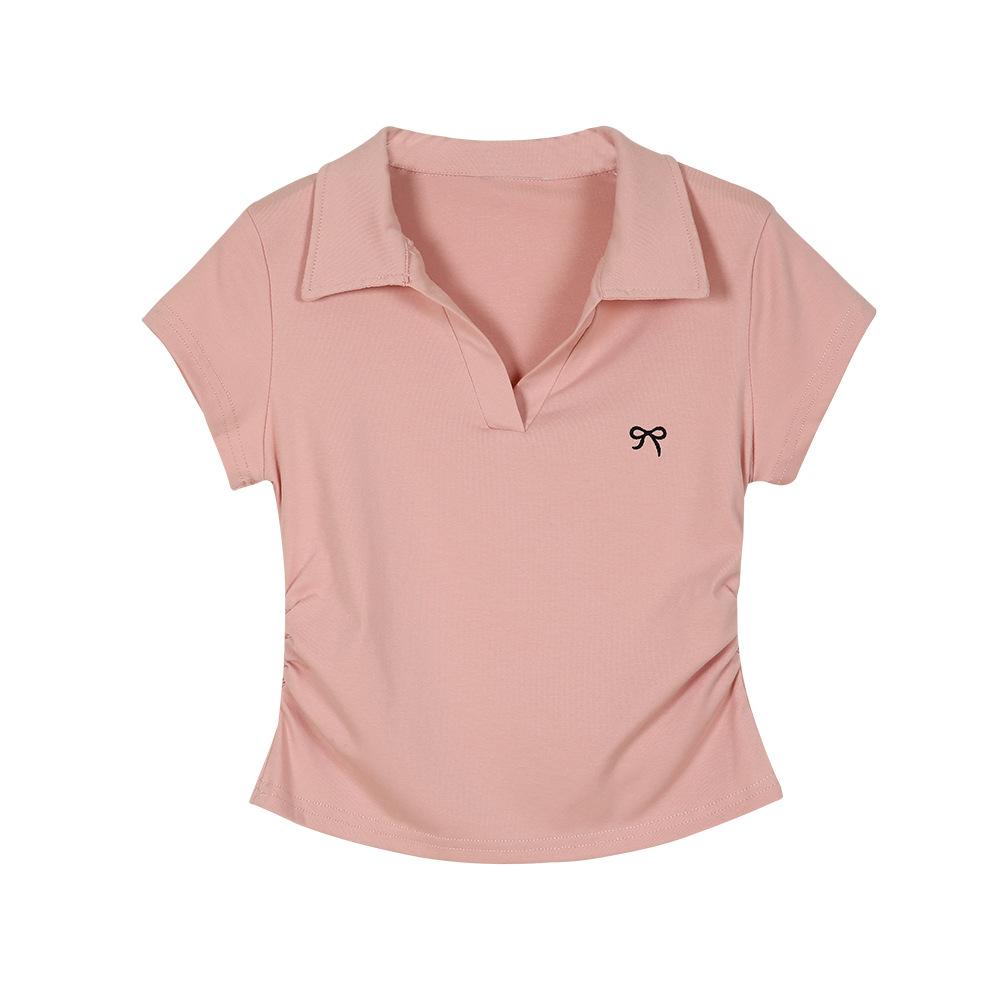 Design lapel bow embroidered T-shirt women's summer small man pleated front shoulder college style short chic top