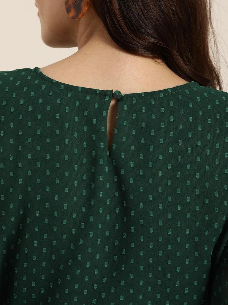 Women Green Self Design A-Line Dress with Belt