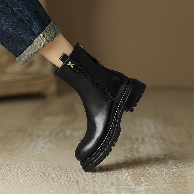 Cizme scurte de damă cu toc joasă toamnă și iarnă noi, confortabile, din piele de vacă, cizme scurte de dimensiuni mari, casual, cu toc gros
