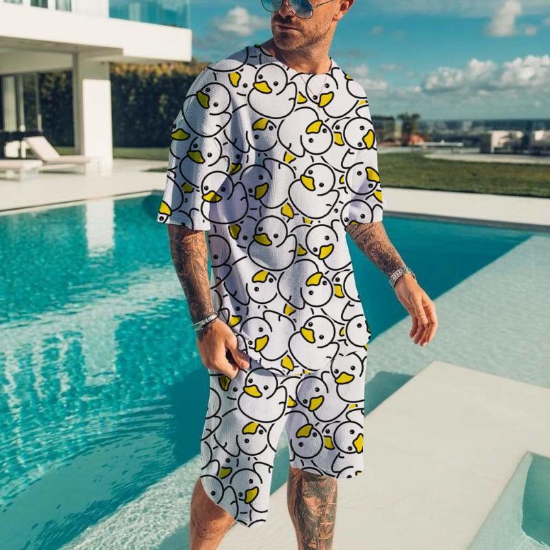 Men's T-shirt Sets Duck Panda 3D Print Fashion Tracksuit T Shirts Shorts 2 Pieces Male Kid Streetwear Oversized Suit Sportswear