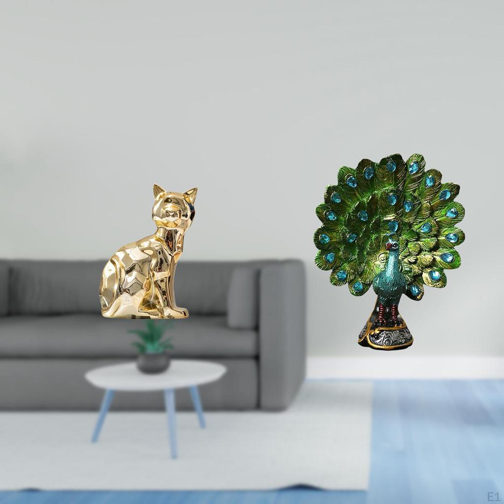 Cat Peacock Statue Decorative Figurine Animal Sculpture Art Craft Elegant Tabletop for Fireplace