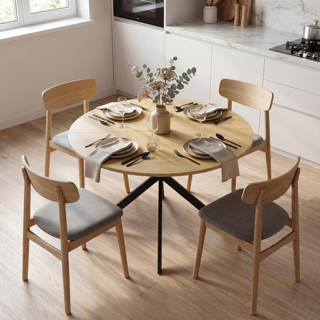 Round Dining Table for 4, 100 cm, Wood-Effect Top, Crossed Oak Steel Base